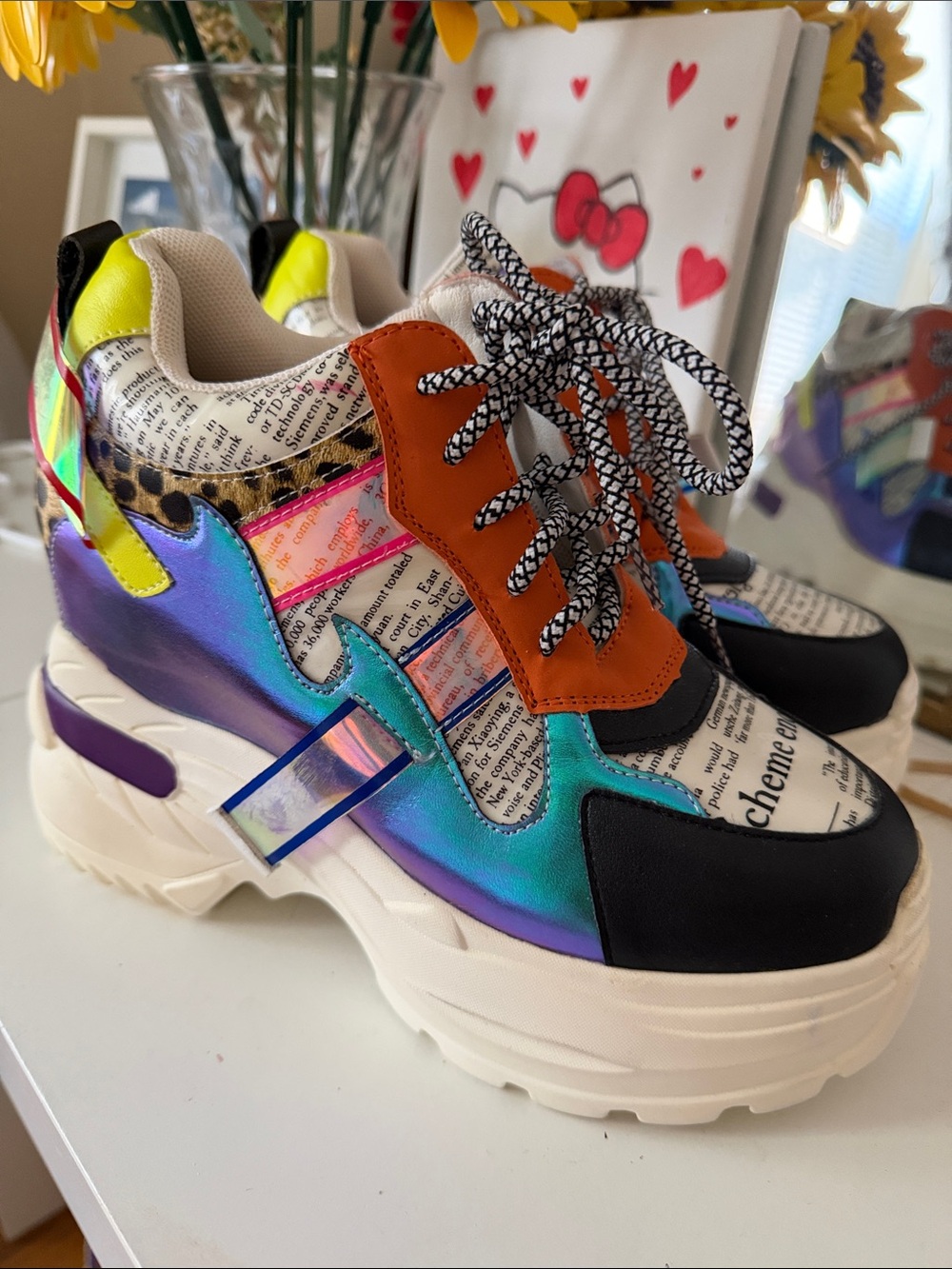 Chunky Iridescent Multicolor Platform Sneakers - Fashion Lace-Up